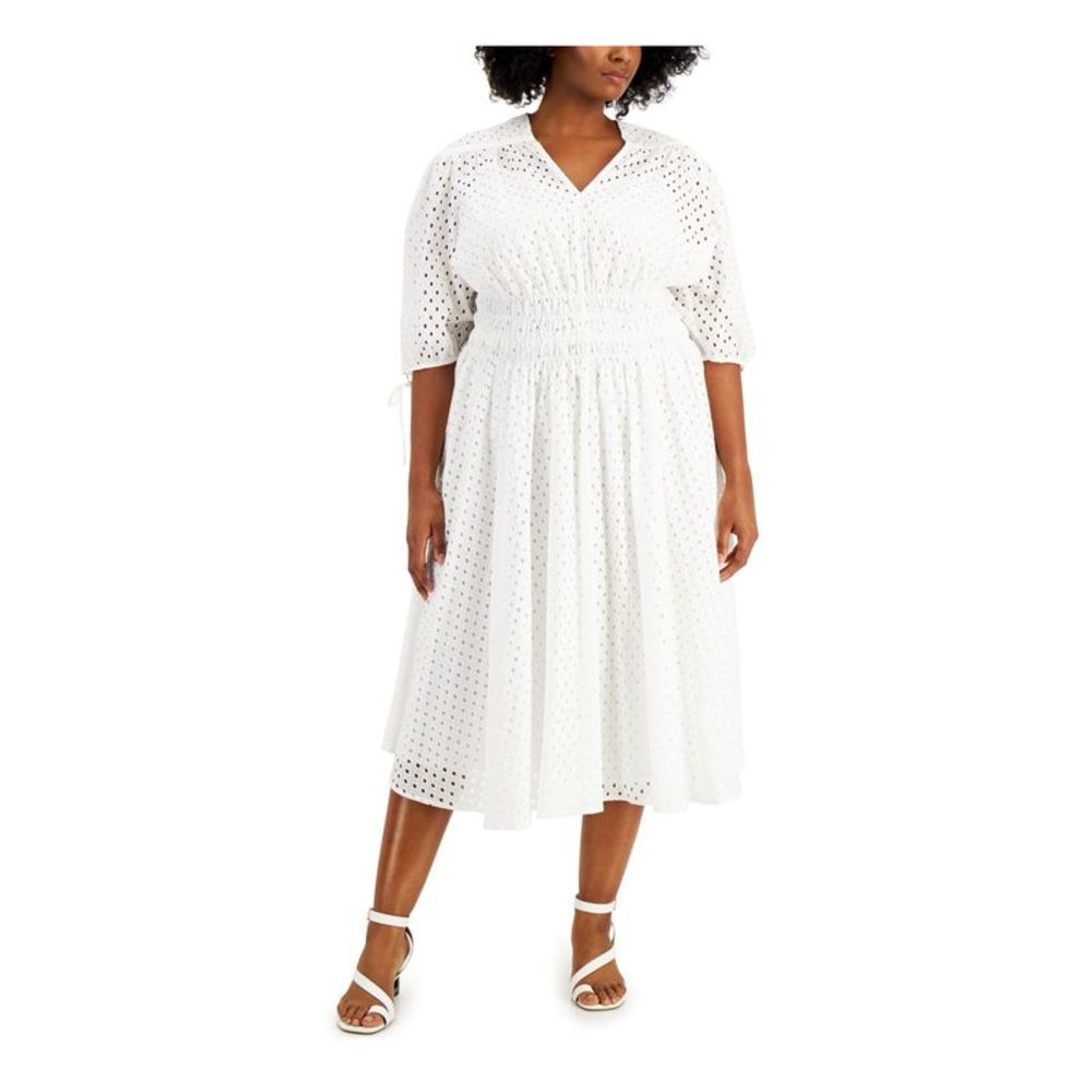 TAYLOR Womens White Tie V Neck Midi Party Fit + Flare Dress Plus 16W - Picture 1 of 4